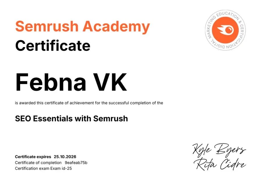 Semrush certificate of best digital marketer in Abu Dhabi